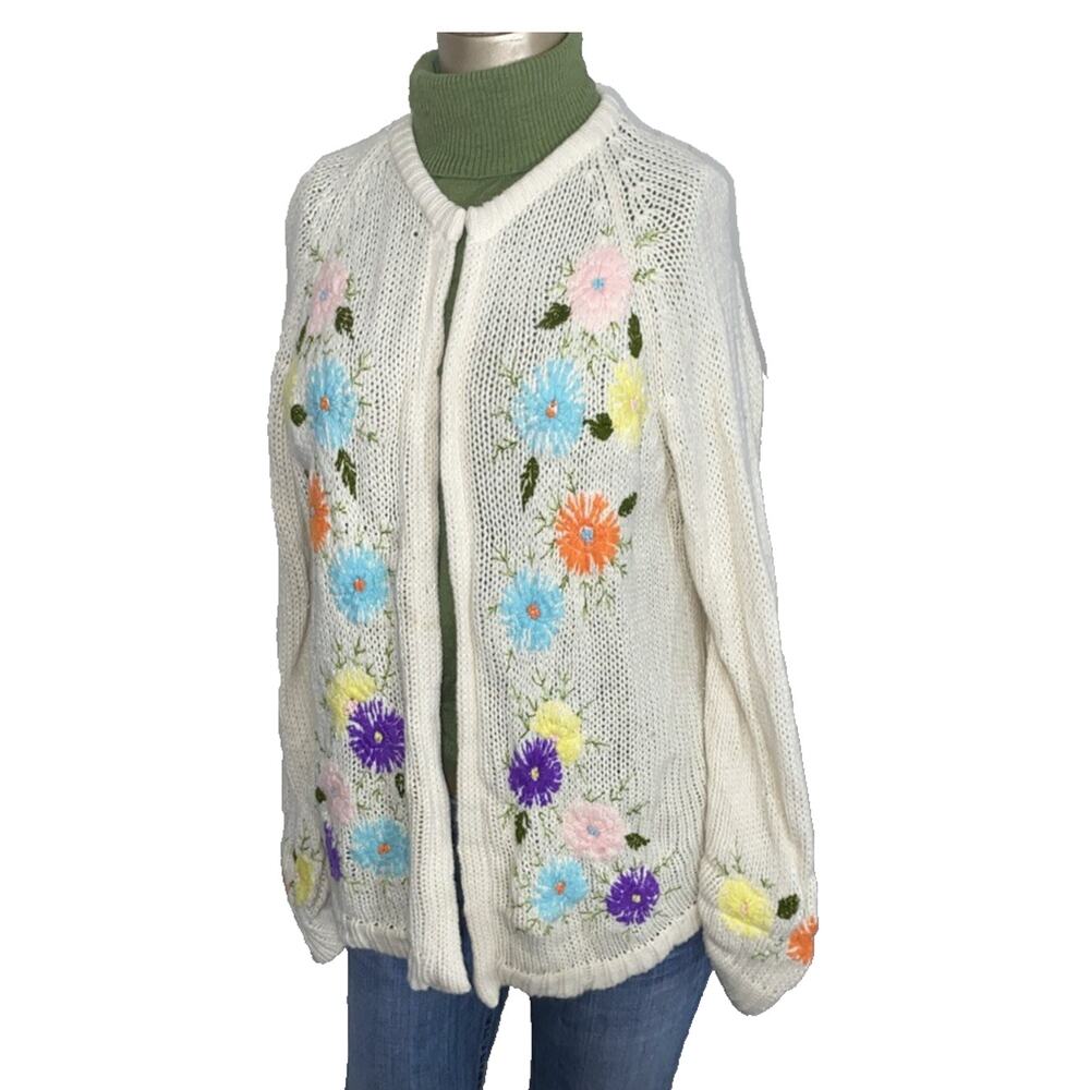 Fully Fashioned Sweater Women Large Floral Embroidered Cottagecore Hand Loomed